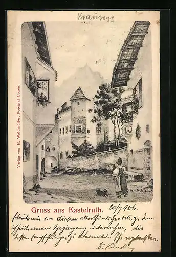 AK Kastelruth, Ortspartie mit Einwohnerin und Hund