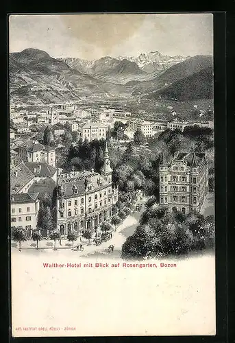 AK Bozen, Walther-Hotel mit Blick auf Rosengarten