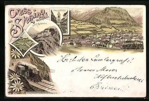 Lithographie Sterzing /Brennerbahn, Schlösser Reibenstein und Sprechenstein, Totalansicht, Eisenbahn