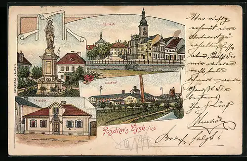 Lithographie Lysá nad Labem, Námestí, C. k. poste, Cukrovar