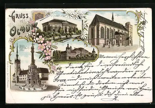 Lithographie Olmütz, Stadtpark-Pavillon, Kloster-Hradisch, St. Mauritzkirche