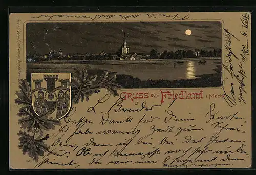 Mondschein-Lithographie Friedland i. Meckl., Ortsansicht mit Kirche und Wappen