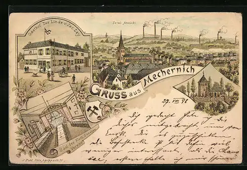 Lithographie Mechernich, Totalansicht mit Gasthof zur Linde