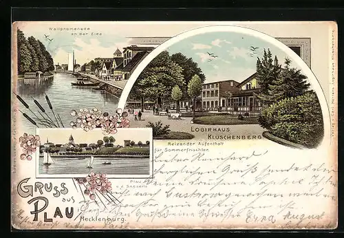 Lithographie Plau i. Meckl., Logierhaus Klüschenberg mit Wallpromenade