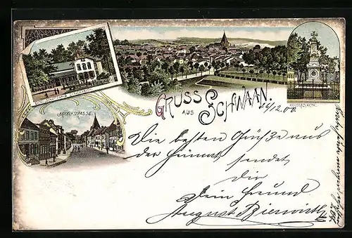 Lithographie Schwaan, Totalansicht mit Brückenstrasse