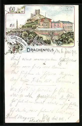 Vorläufer-Lithographie Königswinter, Blick zum Drachenfels mit Burg und Hotel 1894