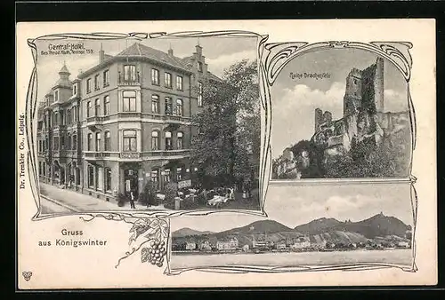 AK Königswinter, Central-Hotel, Panorama, Ruine Drachenfels