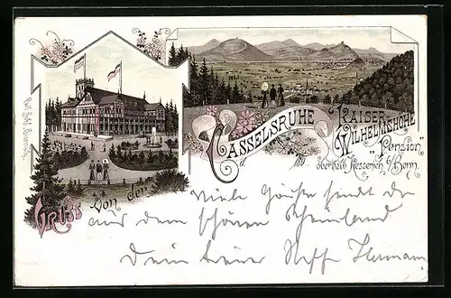 Lithographie Kessenich bei Bonn, Gasthaus Casselsruhe auf der Kaiser-Wilhelmshöhe, Blick auf den Ort