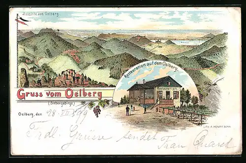 Lithographie Oelberg, Gasthaus auf dem Oelberg, Aussicht vom Oelberg