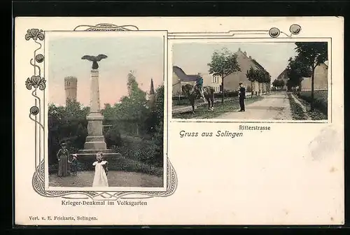 AK Solingen, Krieger-Denkmal im Volksgarten, Partie in der Ritterstrasse