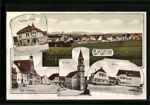 AK Binsdorf, Kaufhaus R. Hutt, Panorama, Post und Rathaus, Schule