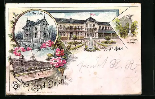 Lithographie Bad Elmen, Voigts Hotel, Villa Ida, Gradirwerk