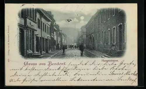 Mondschein-AK Bendorf, Partie in der Hauptstrasse mit Passanten