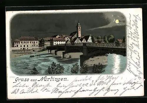 Mondschein-AK Nürtingen, Teilansicht mit Brücke