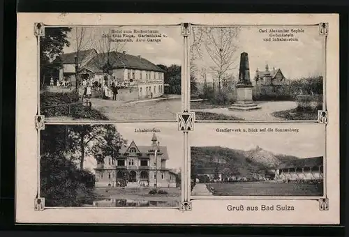 AK Bad Sulza, Hotel zum Eschenbaum am Kurpark, Inhalatorium, Gradierwerk und Blick auf die Sonnenburg