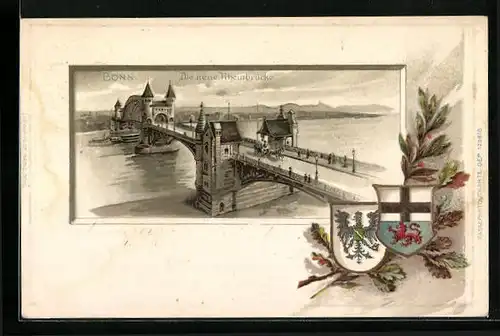 Passepartout-Lithographie Bonn, Ansicht der neuen Rheinbrücke mit Wappen