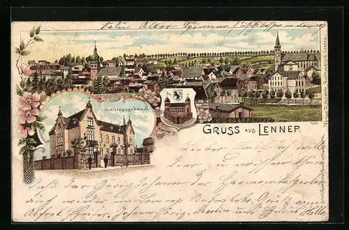 Lithographie Lennep, Totalansicht mit Kreistagsgebäude