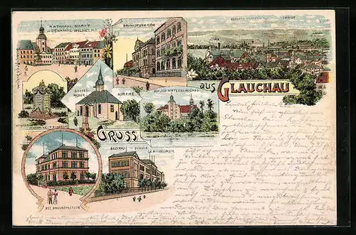 Lithographie Glauchau, Totalansicht mit Bahnhofstrasse
