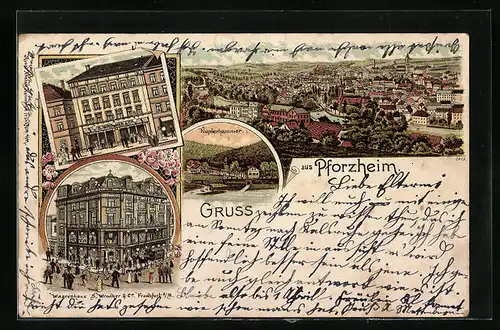 Lithographie Pforzheim, Gesamtansicht aus der Vogelschau