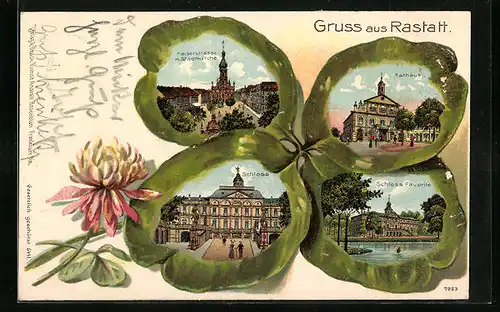 Passepartout-Lithographie Rastatt, Ortsansicht mit Schloss und Rathaus