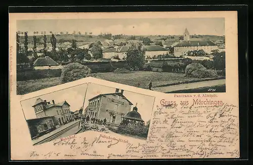 AK Mörchingen, Totalansicht mit Bahnhof und Hotel