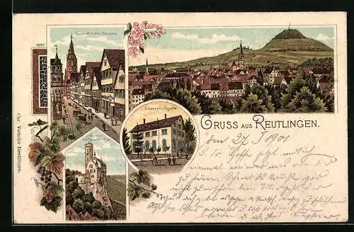 Lithographie Reutlingen, Totalansicht mit Ebenezer Kapelle