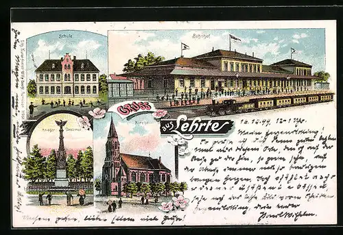 Lithographie Lehrte, Ortsansicht mit Bahnhof und Kirche