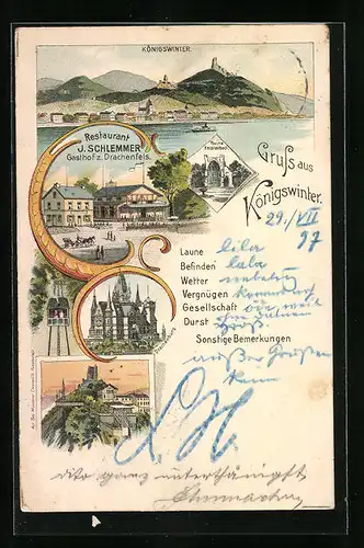 Lithographie Königswinter, Restaurant J. Schlemmer, Gasthof zum Drachenfels, Ruine Heisterbach