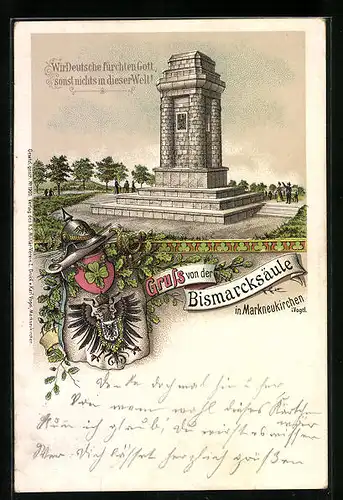 Lithographie Markneukirchen i. V., Bismarcksäule mit Wappen
