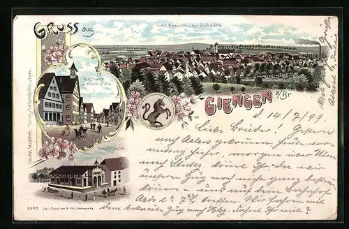 Lithographie Giengen a. Br., Totalansicht, Rathaus und Marktplatz, Fruchthalle