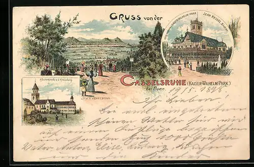 Lithographie Casselsruhe b. Bonn, Hotel-Pension Kaiser-Wilhelm-Park, Klosterkirche a. d. Kreuzberg