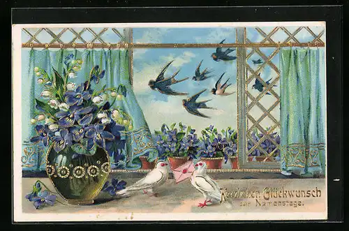 Künstler-AK Glückwünsche zum Namenstag mit Brieftauben