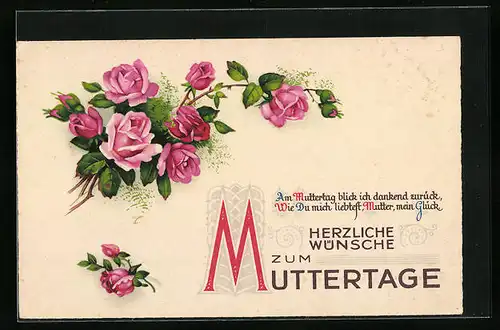 Künstler-AK Glückwünsche zum Muttertag mit pinken Rosen
