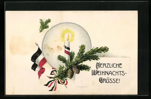 Präge-AK Herzliche Weihnachtsgrüsse, Kerze mit Tannenzweig