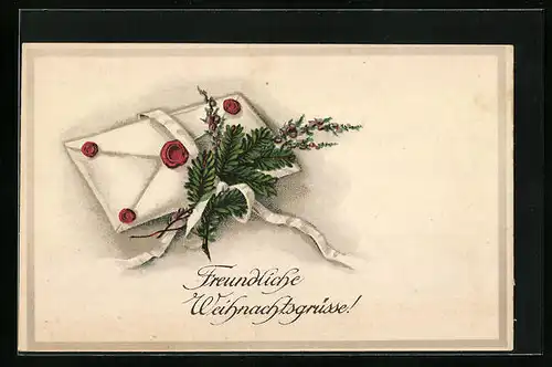 Künstler-AK Freundliche Weihnachtsgrüsse mit Brief und Tannenzweig