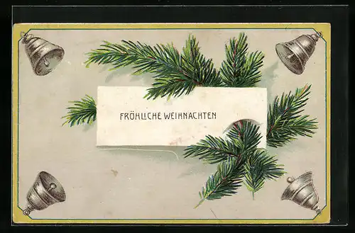 Künstler-AK Fröhliche Weihnachten mit Tannenzweigen und Glöckchen