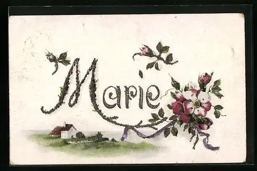 Künstler-AK Glückwünsche zum Namenstag Marie mit Wildrosen