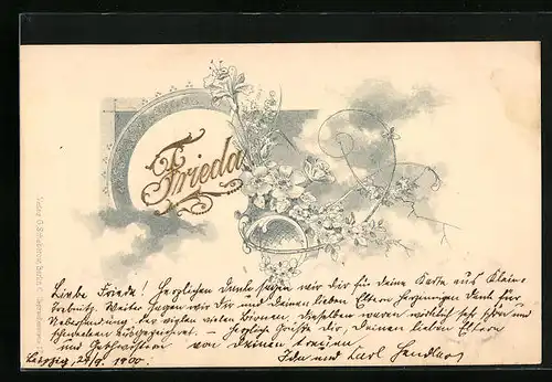 Künstler-AK Glückwünsche zum Namenstag Frieda mit Blumen-Dekor