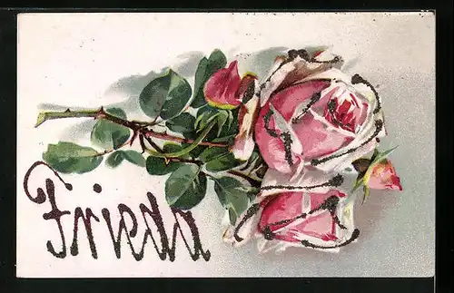 Künstler-AK Glückwünsche zum Namenstag mit Rosen, Frieda