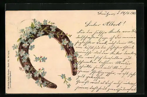 Künstler-AK Hufeisen mit Vergissmeinnicht