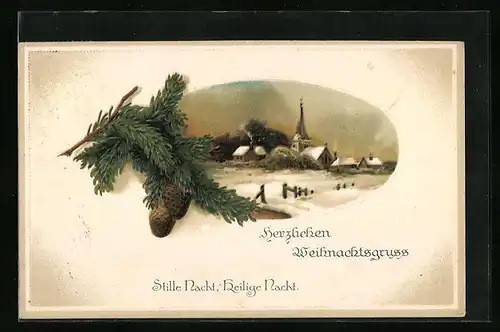 Präge-AK Herzlichen Weihnachtsgruss mit verschneiter Dorflandschaft