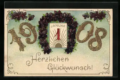 Präge-AK Glückwünsche zum Neujahr 1908
