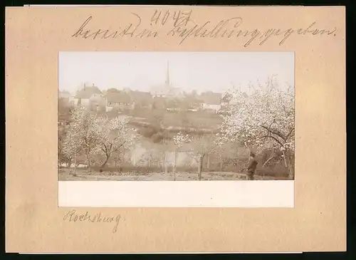 Fotografie Brück & Sohn Meissen, Ansicht Rochsburg, Blick auf den Ort mit Kirche während der Baumblüte
