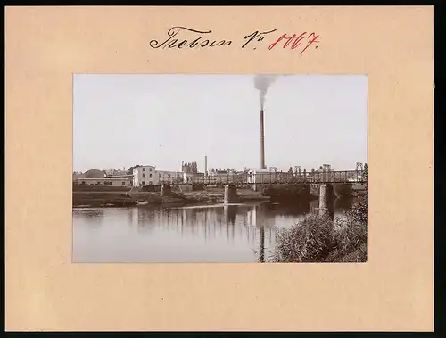 Fotografie Brück & Sohn Meissen, Ansicht Trebsen, Panschwitzer Papierfabrik & Uferpartie mit Brücke