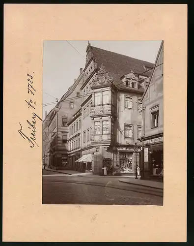 Fotografie Brück & Sohn Meissen, Ansicht Freiberg i. Sa., Burgstrasse, Eckhaus mit Laden Posamenten Heinrich Zimmer