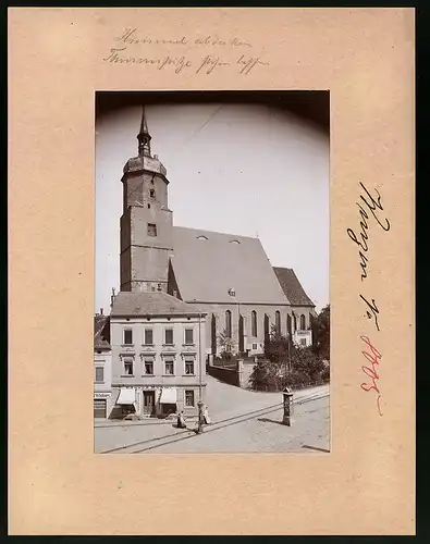Fotografie Brück & Sohn Meissen, Ansicht Wurzen, Wenceslaikirche & Ladengeschäft für Handschuhe & Cravatten Eduard Bohm