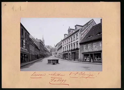 Fotografie Brück & Sohn Meissen, Ansicht Rosswein, Mühlstrasse mit Kaufhaus Alfons Goldmann, Papierhandlung T. Haubold