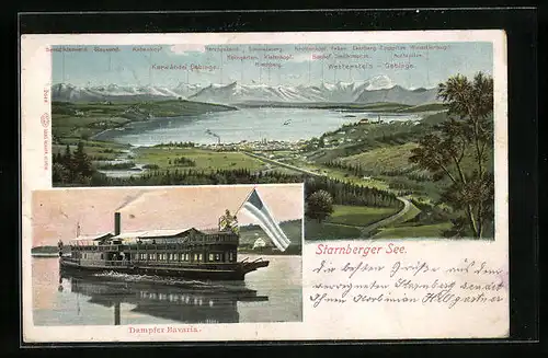 AK Dampfer Bavaria auf dem Starnberger See, Umgebung mit Alpenpanorama