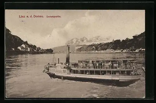 AK Linz a. D., Donaupartie mit Dampfer Babenberg