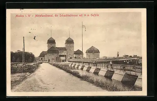 AK Minden i. W., Mittellandkanal, Die Schachtschleuse mit 14m Gefälle